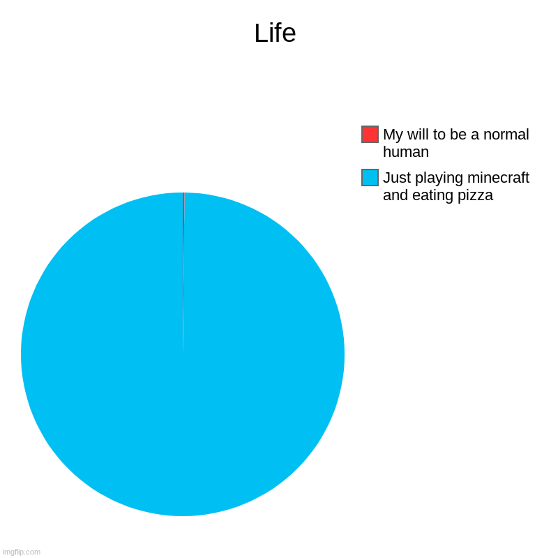 Life | Life | Just playing minecraft and eating pizza, My will to be a normal human | image tagged in charts,pie charts | made w/ Imgflip chart maker