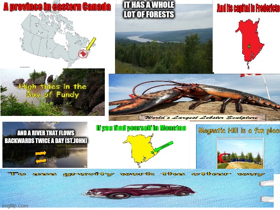 New Brunswick | IT HAS A WHOLE LOT OF FORESTS; AND A RIVER THAT FLOWS BACKWARDS TWICE A DAY (ST.JOHN) | image tagged in blank white template | made w/ Imgflip meme maker