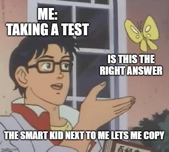 Is This A Pigeon Meme | ME: TAKING A TEST; IS THIS THE RIGHT ANSWER; THE SMART KID NEXT TO ME LETS ME COPY | image tagged in memes,is this a pigeon | made w/ Imgflip meme maker