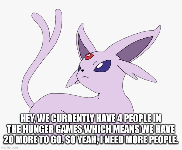 HEY, WE CURRENTLY HAVE 4 PEOPLE IN THE HUNGER GAMES WHICH MEANS WE HAVE 20 MORE TO GO. SO YEAH, I NEED MORE PEOPLE. | made w/ Imgflip meme maker