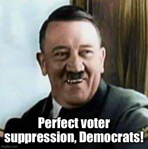 laughing hitler | Perfect voter suppression, Democrats! | image tagged in laughing hitler | made w/ Imgflip meme maker