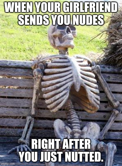 Poorly made memes 101 | WHEN YOUR GIRLFRIEND SENDS YOU NUDES; RIGHT AFTER YOU JUST NUTTED. | image tagged in memes,waiting skeleton | made w/ Imgflip meme maker