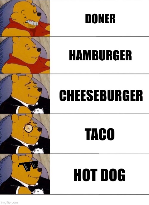 Winnie the Pooh v.20 | DONER; HAMBURGER; CHEESEBURGER; TACO; HOT DOG | image tagged in memes,hot dogs,food,funny memes,dank memes,tuxedo winnie the pooh | made w/ Imgflip meme maker