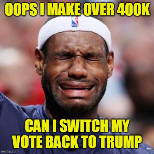 Higher taxes will cost lebron 10s of millions over the next 4 years | OOPS I MAKE OVER 400K; CAN I SWITCH MY VOTE BACK TO TRUMP | image tagged in lebron james,joe biden,creepy joe biden,lebron james crying,maga | made w/ Imgflip meme maker