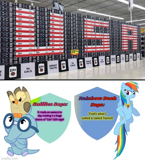Lite USA | It made an awesome day making it a huge frame of "Lite" USA sign! That's what I called a nailed frame!! | image tagged in sniffles and rainbow dash says,funny,you had one job,memes,nailed it,usa | made w/ Imgflip meme maker