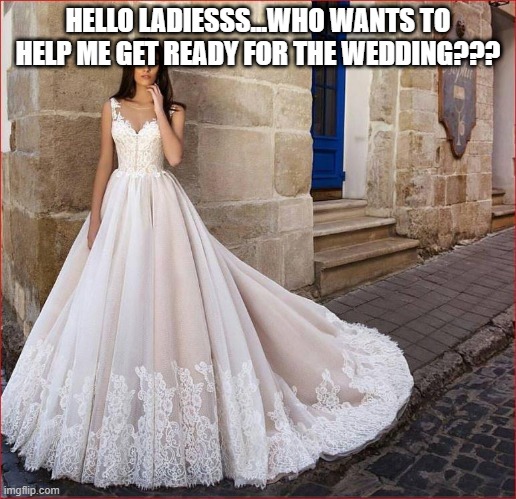 weddiinnnnggg... | HELLO LADIESSS...WHO WANTS TO HELP ME GET READY FOR THE WEDDING??? | image tagged in wedding dresses | made w/ Imgflip meme maker