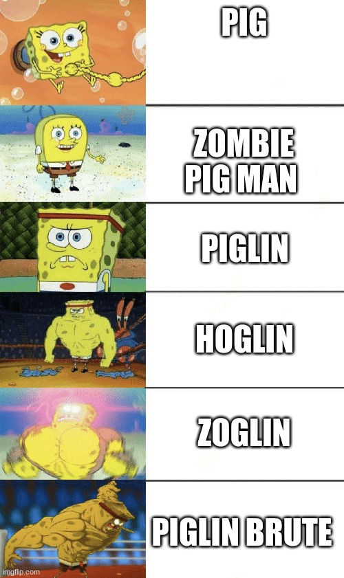 Pig | PIG; ZOMBIE PIG MAN; PIGLIN; HOGLIN; ZOGLIN; PIGLIN BRUTE | image tagged in spongebob strong | made w/ Imgflip meme maker