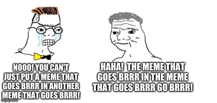 The meme that goes brrr in the meme that goes brrr go brrr! | HAHA!  THE MEME THAT GOES BRRR IN THE MEME THAT GOES BRRR GO BRRR! NOOO! YOU CAN'T JUST PUT A MEME THAT GOES BRRR IN ANOTHER MEME THAT GOES BRRR! | image tagged in nooo haha go brrr | made w/ Imgflip meme maker