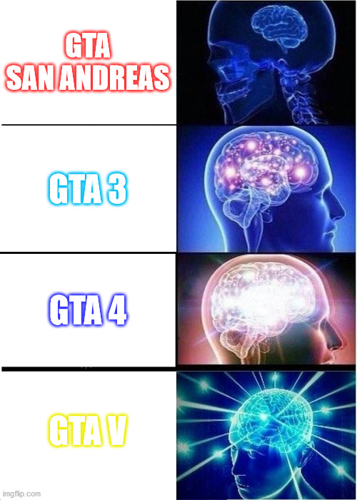 Expanding GTA | GTA SAN ANDREAS; GTA 3; GTA 4; GTA V | image tagged in memes,expanding brain | made w/ Imgflip meme maker