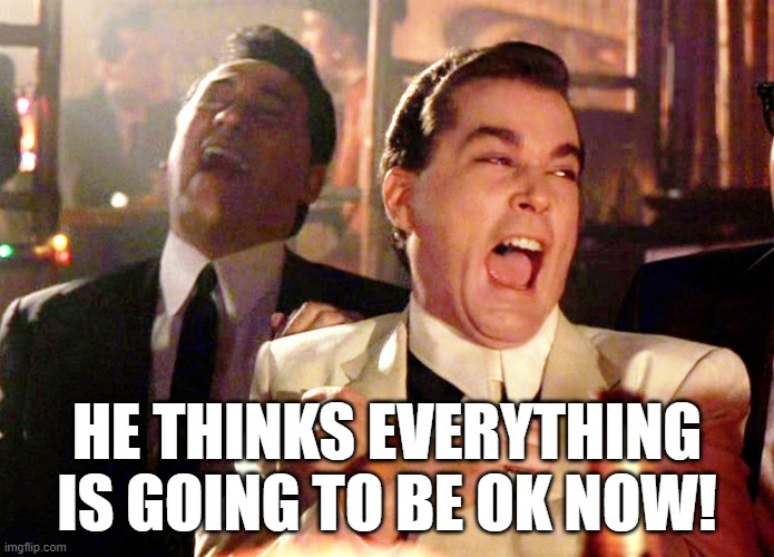 Good Fellas Hilarious Meme | HE THINKS EVERYTHING IS GOING TO BE OK NOW! | image tagged in memes,good fellas hilarious | made w/ Imgflip meme maker