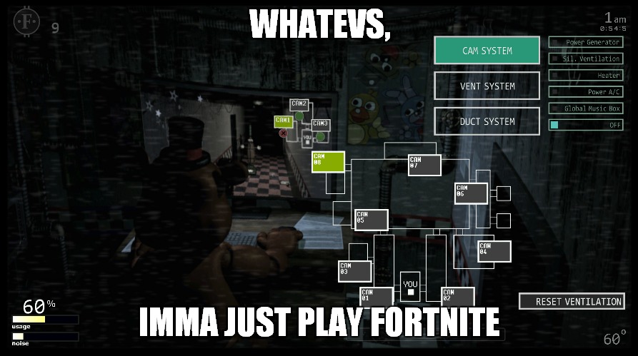toy freddy meme | WHATEVS, IMMA JUST PLAY FORTNITE | image tagged in toy freddy meme | made w/ Imgflip meme maker