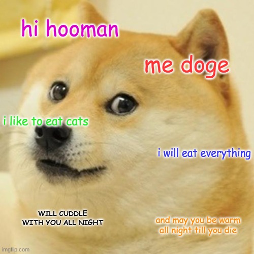Doge | hi hooman; me doge; i like to eat cats; i will eat everything; WILL CUDDLE WITH YOU ALL NIGHT; and may you be warm all night till you die | image tagged in memes,doge | made w/ Imgflip meme maker
