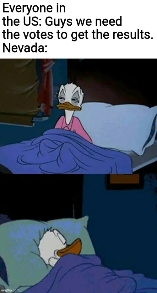 sleepy donald duck in bed | Everyone in the US: Guys we need the votes to get the results.
Nevada: | image tagged in sleepy donald duck in bed,nevada,united states,election,memes | made w/ Imgflip meme maker