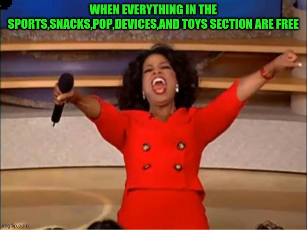 Oprah You Get A | WHEN EVERYTHING IN THE SPORTS,SNACKS,POP,DEVICES,AND TOYS SECTION ARE FREE | image tagged in memes,oprah you get a | made w/ Imgflip meme maker