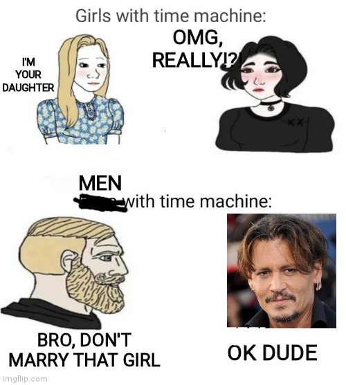 Time machine | OMG, REALLY!?! I'M YOUR DAUGHTER; MEN; VVVVVVVVVVV; BRO, DON'T MARRY THAT GIRL; OK DUDE | image tagged in time machine | made w/ Imgflip meme maker