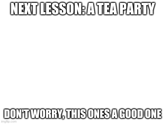 Blank White Template | NEXT LESSON: A TEA PARTY; DON'T WORRY, THIS ONES A GOOD ONE | image tagged in blank white template | made w/ Imgflip meme maker