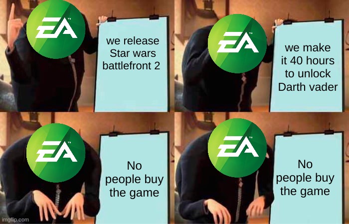 Gru's Plan | we release Star wars battlefront 2; we make it 40 hours to unlock Darth vader; No people buy the game; No people buy the game | image tagged in memes,gru's plan | made w/ Imgflip meme maker