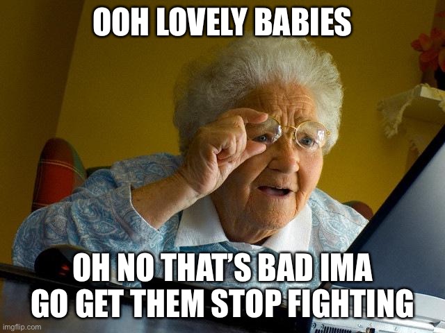 Grandma finds the fighting babies | OOH LOVELY BABIES; OH NO THAT’S BAD IMA GO GET THEM STOP FIGHTING | image tagged in memes,grandma finds the internet | made w/ Imgflip meme maker