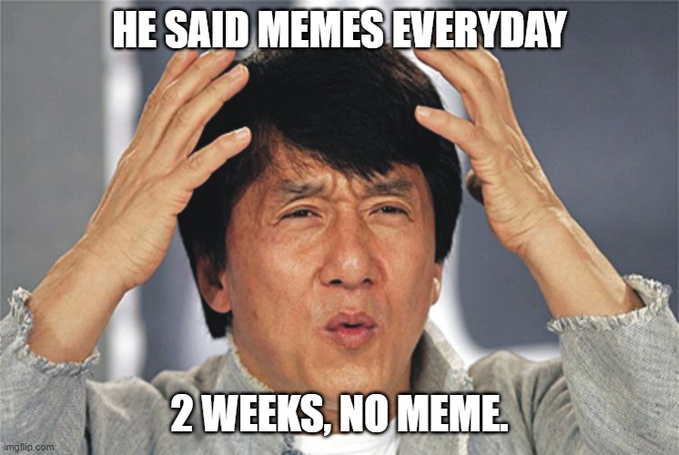 Jackie Chan Confused | HE SAID MEMES EVERYDAY 2 WEEKS, NO MEME. | image tagged in jackie chan confused | made w/ Imgflip meme maker