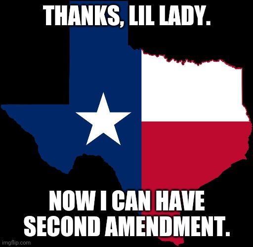 texas map | THANKS, LIL LADY. NOW I CAN HAVE SECOND AMENDMENT. | image tagged in texas map | made w/ Imgflip meme maker