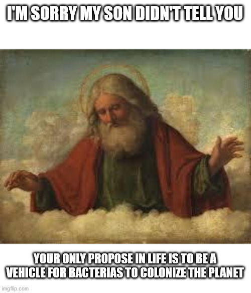 god | I'M SORRY MY SON DIDN'T TELL YOU; YOUR ONLY PROPOSE IN LIFE IS TO BE A VEHICLE FOR BACTERIAS TO COLONIZE THE PLANET | image tagged in god,truth,honest,creepy,confusing | made w/ Imgflip meme maker