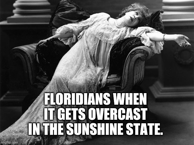 Sunshine State | FLORIDIANS WHEN IT GETS OVERCAST IN THE SUNSHINE STATE. | image tagged in vintage fainting woman,meanwhile in florida | made w/ Imgflip meme maker
