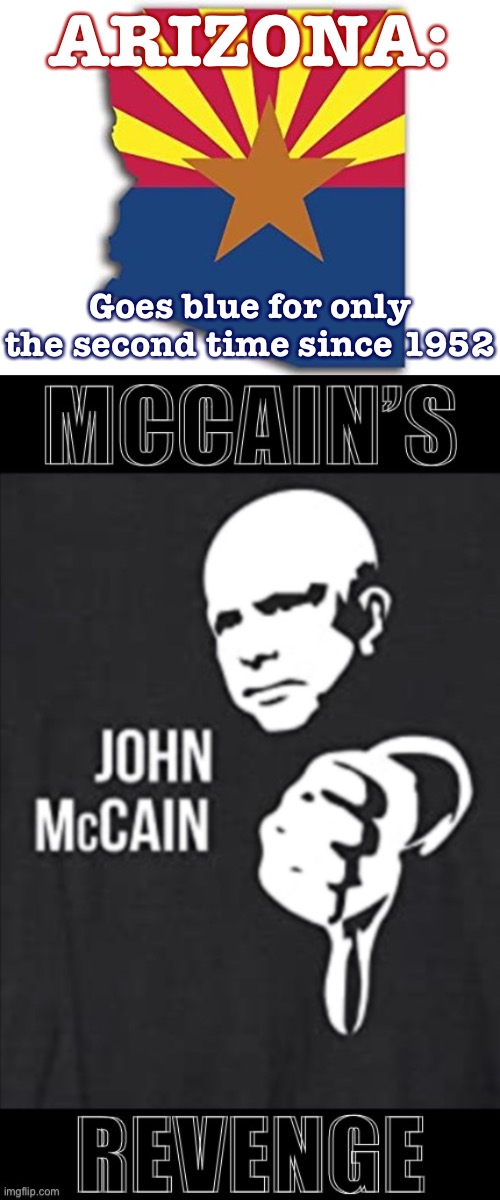 I wish the distinguished war vet, U.S. Senator, and earner of the first presidential ballot I ever cast had lived to see this | ARIZONA:; Goes blue for only the second time since 1952 | image tagged in arizona with state flag,john mccain s revenge,john mccain,mccain,election 2020,arizona | made w/ Imgflip meme maker