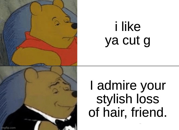like ya loss of hair | i like ya cut g; I admire your stylish loss of hair, friend. | image tagged in memes,tuxedo winnie the pooh | made w/ Imgflip meme maker