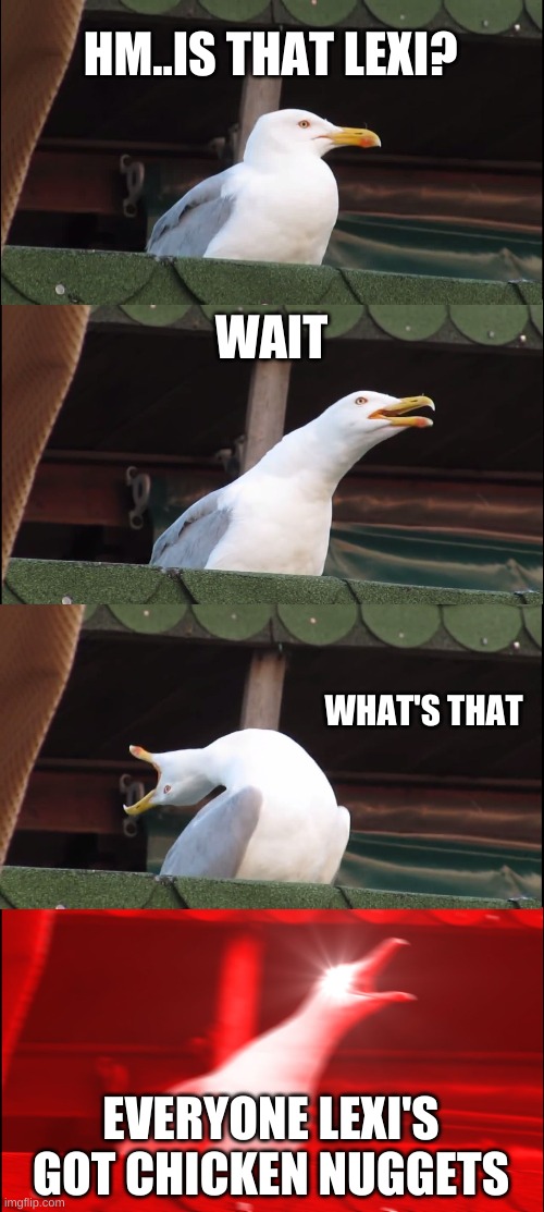 Inhaling Seagull Meme | HM..IS THAT LEXI? WAIT; WHAT'S THAT; EVERYONE LEXI'S GOT CHICKEN NUGGETS | image tagged in memes,inhaling seagull | made w/ Imgflip meme maker