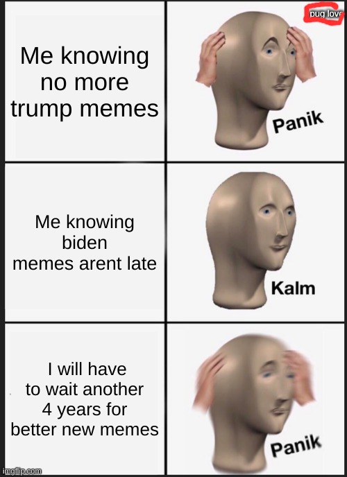 Polictal memes that never end :( | pug love; Me knowing no more trump memes; Me knowing biden memes arent late; I will have to wait another 4 years for better new memes | image tagged in memes,panik kalm panik | made w/ Imgflip meme maker