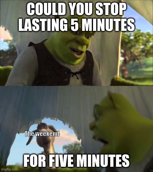 Actually though why does the weekend go so fast | COULD YOU STOP LASTING 5 MINUTES; FOR FIVE MINUTES; The weekend | image tagged in shrek five minutes | made w/ Imgflip meme maker