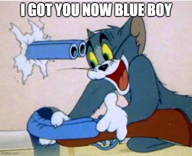 Me trying to make danny laugh. | I GOT YOU NOW BLUE BOY | image tagged in tom and jerry,imgflip,comments,tom shotgun | made w/ Imgflip meme maker