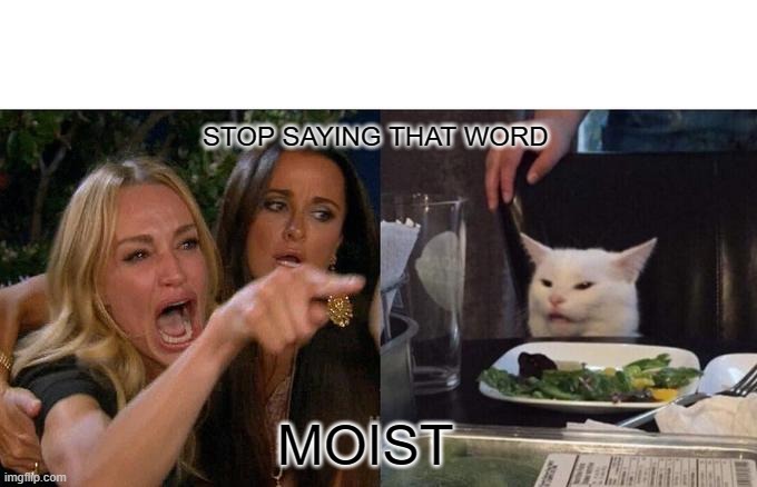 Woman Yelling At Cat | STOP SAYING THAT WORD; MOIST | image tagged in memes,woman yelling at cat | made w/ Imgflip meme maker