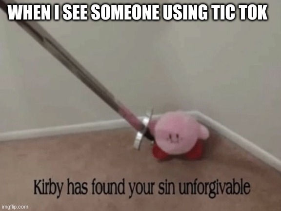Kirby has found your sin unforgivable | WHEN I SEE SOMEONE USING TIC TOK | image tagged in kirby has found your sin unforgivable | made w/ Imgflip meme maker