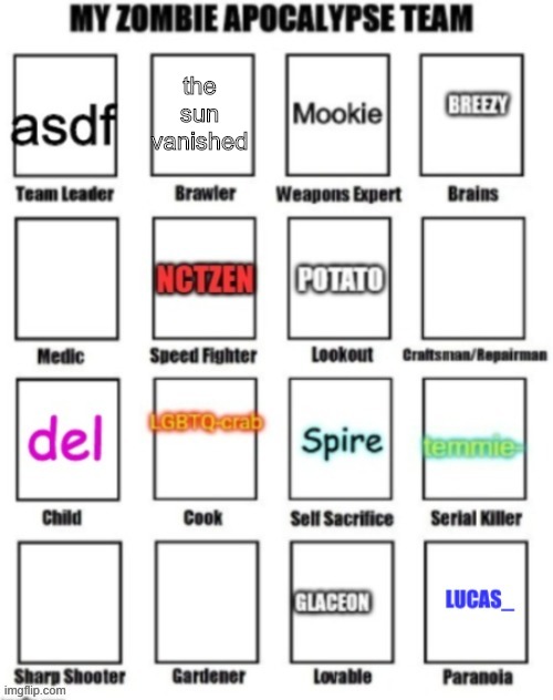 lmao ok | the sun vanished | image tagged in my zombie apocalypse team | made w/ Imgflip meme maker