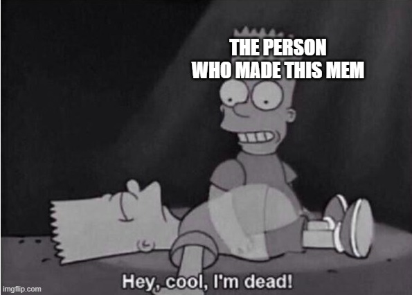 Hey, cool, I'm dead! | THE PERSON WHO MADE THIS MEM | image tagged in hey cool i'm dead | made w/ Imgflip meme maker