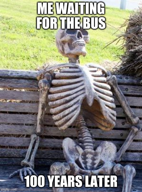 memes | ME WAITING FOR THE BUS; 100 YEARS LATER | image tagged in memes,waiting skeleton | made w/ Imgflip meme maker