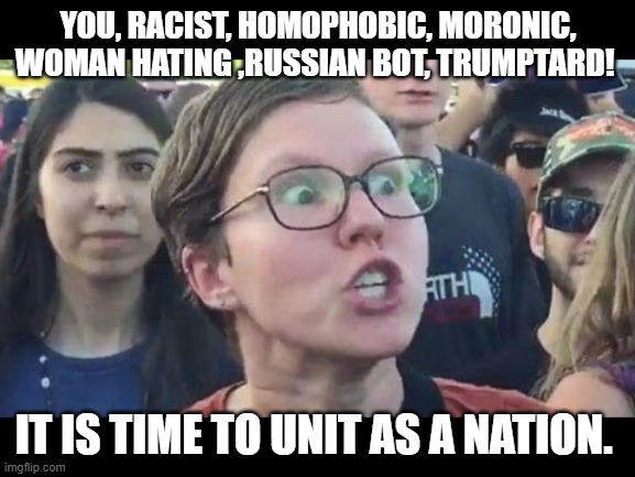 unity my arse | YOU, RACIST, HOMOPHOBIC, MORONIC, WOMAN HATING ,RUSSIAN BOT, TRUMPTARD! IT IS TIME TO UNIT AS A NATION. | image tagged in angry sjw,trump,biden,election 2020,stop the steal | made w/ Imgflip meme maker