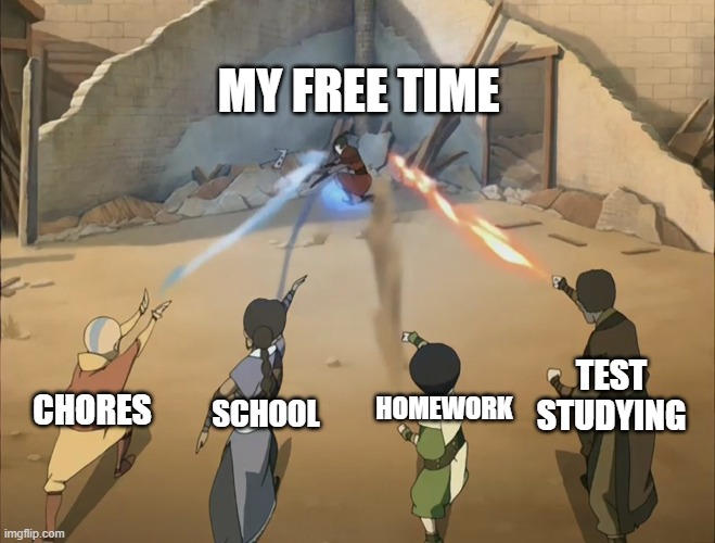 a true meme | MY FREE TIME; TEST STUDYING; HOMEWORK; SCHOOL; CHORES | image tagged in aang catara tof zuko against azula | made w/ Imgflip meme maker