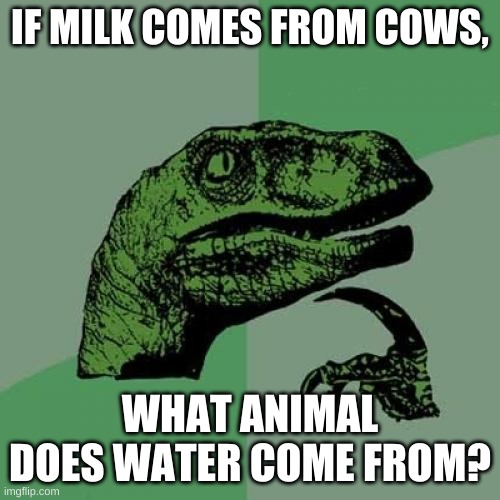Philosoraptor | IF MILK COMES FROM COWS, WHAT ANIMAL DOES WATER COME FROM? | image tagged in memes,philosoraptor,fun,milk,water | made w/ Imgflip meme maker