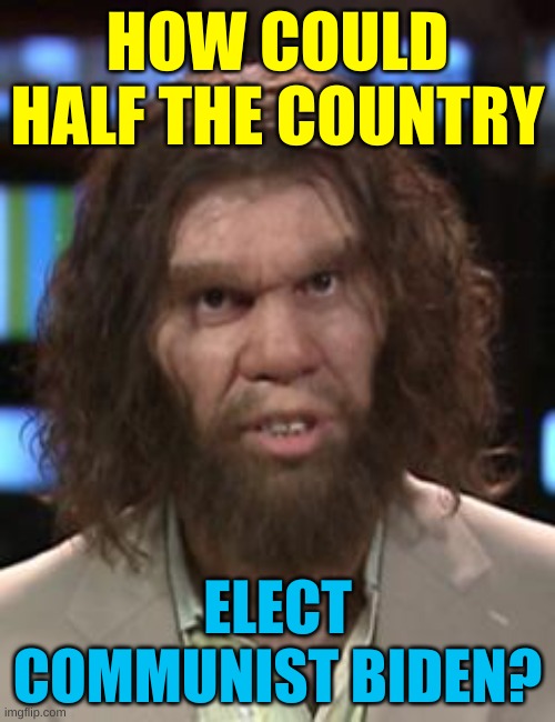 Caveman | HOW COULD HALF THE COUNTRY; ELECT COMMUNIST BIDEN? | image tagged in caveman,trump lost,communist,joe biden,traitors,maga | made w/ Imgflip meme maker