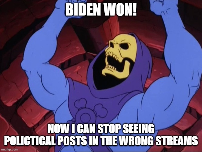 Skeletor | BIDEN WON! NOW I CAN STOP SEEING POLICTICAL POSTS IN THE WRONG STREAMS | image tagged in skeletor | made w/ Imgflip meme maker