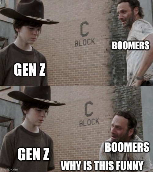 Rick and Carl Meme | BOOMERS GEN Z WHY IS THIS FUNNY GEN Z BOOMERS | image tagged in memes,rick and carl | made w/ Imgflip meme maker