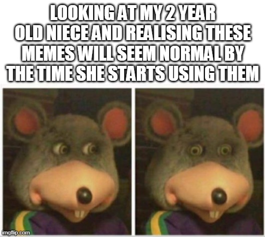 chuck e cheese rat stare | LOOKING AT MY 2 YEAR OLD NIECE AND REALISING THESE MEMES WILL SEEM NORMAL BY THE TIME SHE STARTS USING THEM | image tagged in chuck e cheese rat stare | made w/ Imgflip meme maker