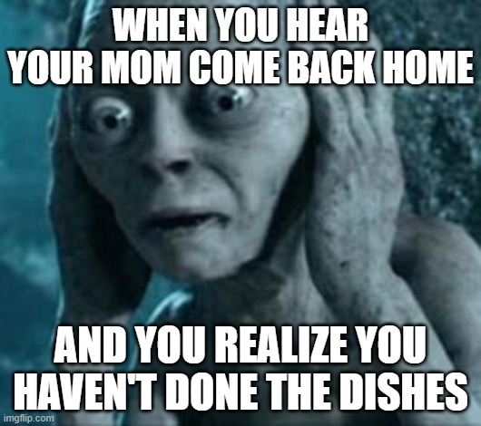 Scared Gollum | WHEN YOU HEAR YOUR MOM COME BACK HOME; AND YOU REALIZE YOU HAVEN'T DONE THE DISHES | image tagged in scared gollum | made w/ Imgflip meme maker