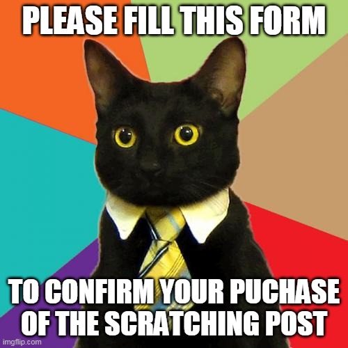 Business Cat Meme | PLEASE FILL THIS FORM; TO CONFIRM YOUR PUCHASE OF THE SCRATCHING POST | image tagged in memes,business cat | made w/ Imgflip meme maker