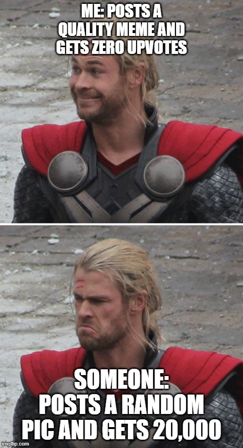 Thor happy then sad | ME: POSTS A QUALITY MEME AND GETS ZERO UPVOTES; SOMEONE: POSTS A RANDOM PIC AND GETS 20,000 | image tagged in thor happy then sad | made w/ Imgflip meme maker