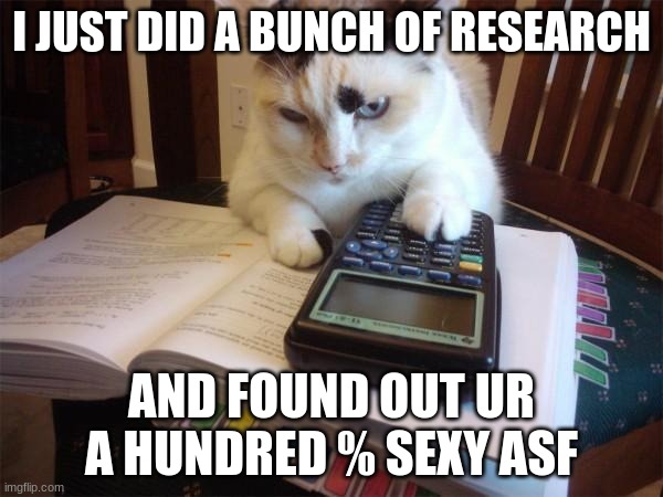 Math cat | I JUST DID A BUNCH OF RESEARCH; AND FOUND OUT UR A HUNDRED % SEXY ASF | image tagged in math cat | made w/ Imgflip meme maker