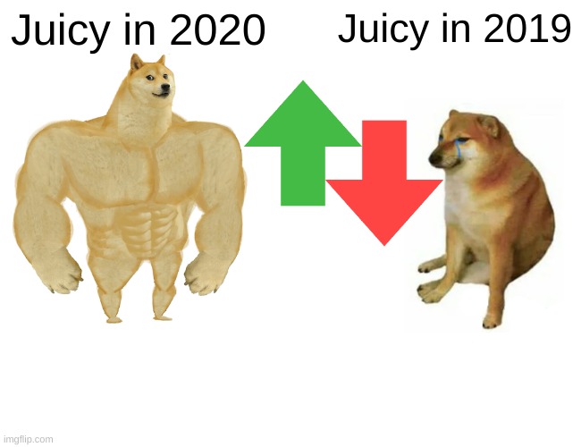 Buff Doge vs. Cheems | Juicy in 2020; Juicy in 2019 | image tagged in memes,buff doge vs cheems | made w/ Imgflip meme maker