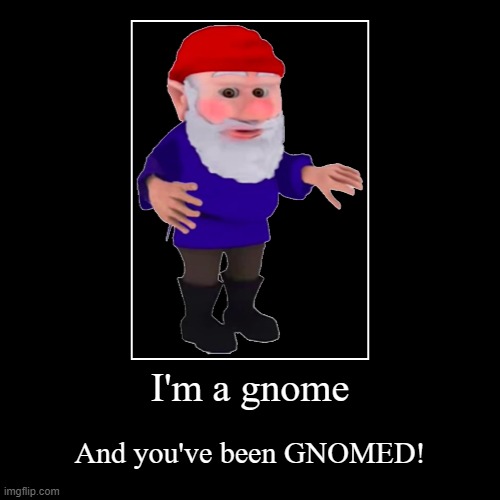 Title | I'm a gnome | And you've been GNOMED! | image tagged in funny,demotivationals,gnome | made w/ Imgflip demotivational maker